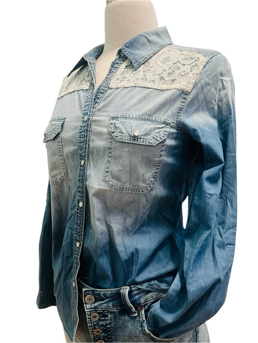 B.L.E.U. Light Blue Denim Button-Down Shirt with White Lace Yoke